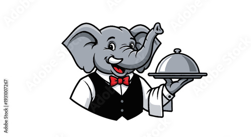 Cartoon Elephant Waiter Serving Food Tray.