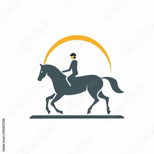 Equestrian logo with horse and rider silhouette, sunrise backdrop in flat design.