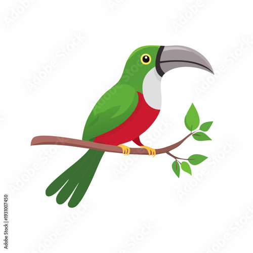 Cartoon toucan bird perched on a branch, green and red plumage and long beak.