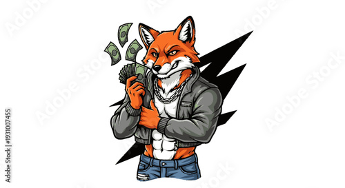 Cartoon Fox Character Holding Money Bills.