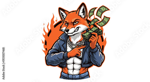 Cartoon Fox Character with Money and Fire.