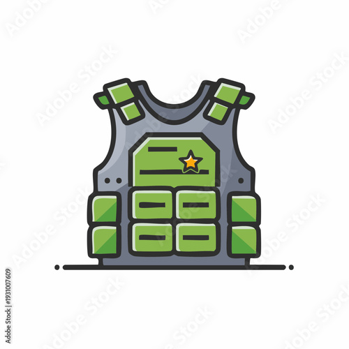 Illustration of a tactical military armored vest with star symbol and multiple pockets