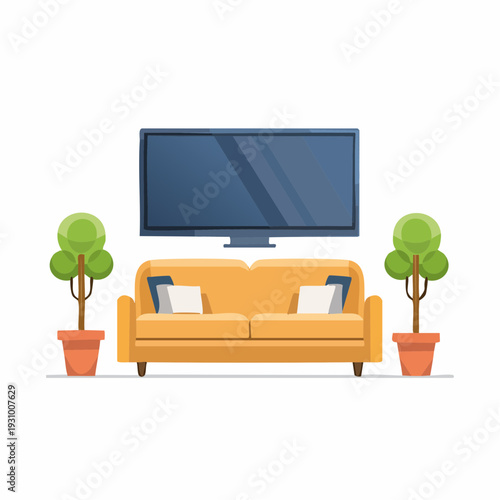 Modern living room illustration with couch, television, and potted trees.