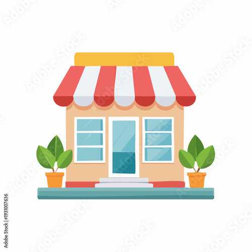 Cartoon shop front with awning and potted plants. Vector illustration.