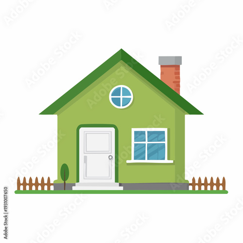Cartoon green house with chimney and picket fence in vector illustration