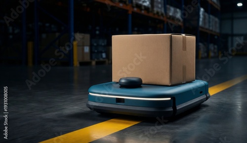 Wallpaper Mural Teal Blue AMR Robot Carrying Cardboard Box in Dark Warehouse Torontodigital.ca