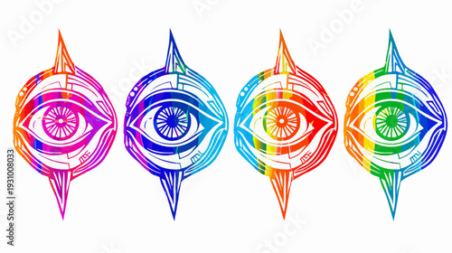 Four stylized eye illustrations with rainbow hues and geometric outlines on a white backdrop