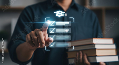 Person interacting with virtual education interface while holding books