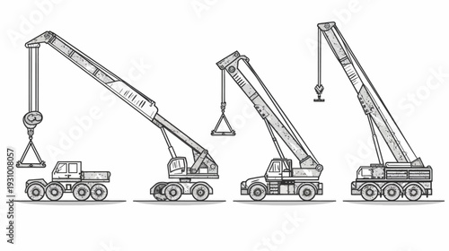 Four stylized, monochromatic illustrations of cranes with extended booms, showing variations in form