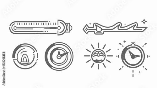 Collection of stylized, minimalistic grayscale illustrations. Includes a thermometer, a sword, clocks, and a sun
