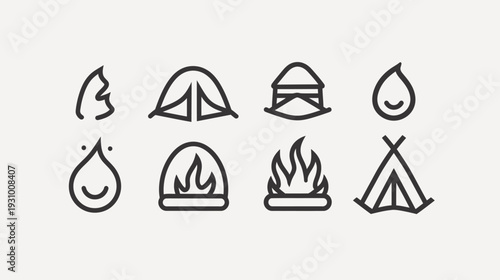 Collection of minimalist line art icons, featuring fire, water droplet, and camping structures