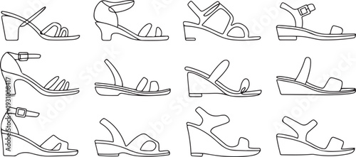 Fashion sandal vector illustration set on white background . Summer shoe of sandal outline vector set icon. one line art icon drawing vector
