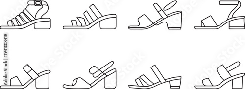 Fashion sandal vector illustration set on white background . Summer shoe of sandal outline vector set icon. one line art icon drawing vector