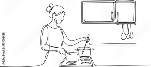 One line continuous design of mom is cooking in the kitchen. one line art icon drawing vector