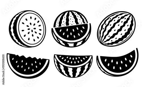 Black and white watermelon vector set with whole and sliced fruit illustrations in a hand-drawn style
