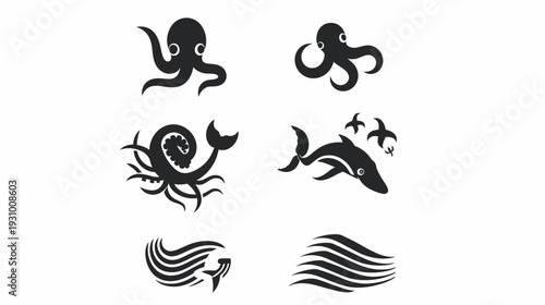 Silhouetted collection of aquatic animals, including octopus, whale, and stylized waves, with birds