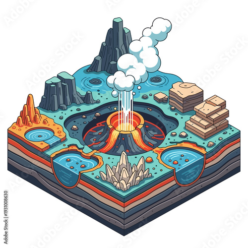 Isometric illustration of a volcanic landscape with layered geological formation.