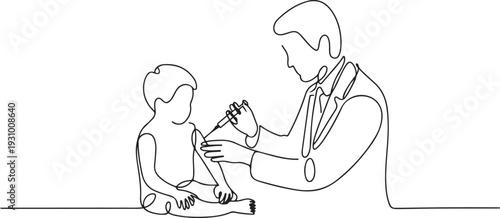 the doctor is giving vaccine injection to a child patient illustration. one line art icon drawing vector