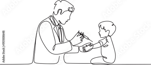 the doctor is giving vaccine injection to a child patient illustration. one line art icon drawing vector