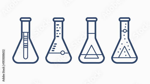 A clean illustration of four lab flasks, each with different internal design elements