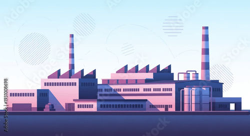 Industrial factory complex with smokestacks and manufacturing buildings.