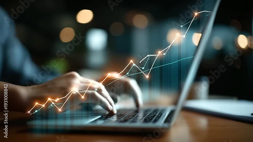 Close up of faceless hand using laptop with downward cost reduction graph overlay visualization concept of expense control strategy financial efficiency improvement cost saving