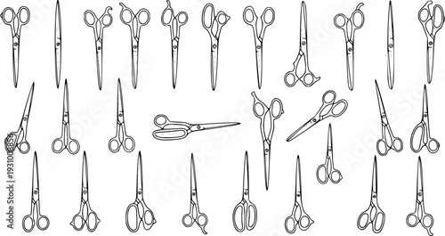Outline Hand-Drawn Vector Scissors Collection: Diverse Shears for Hairdressing, Crafting, Sewing, and Medical Applications. Line Art Tool Sketches on White.