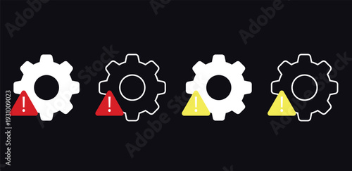 Technical warning icons. Gear with an exclamation mark icon vector set.