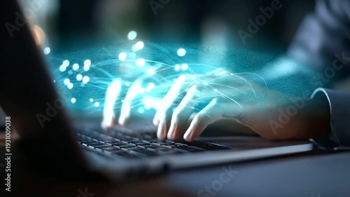 Close up of faceless hands using laptop with artificial intelligence powered optical character recognition graphics representing AI for data extraction automation document