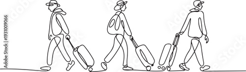 Continuous Line Drawing People Want to Travel with Suitcases. Holiday Concept. one line art icon drawing vector