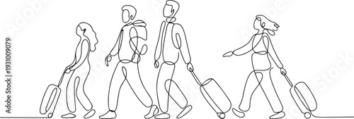 Continuous Line Drawing People Want to Travel with Suitcases. Holiday Concept. one line art icon drawing vector