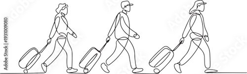Continuous Line Drawing People Want to Travel with Suitcases. Holiday Concept. one line art icon drawing vector