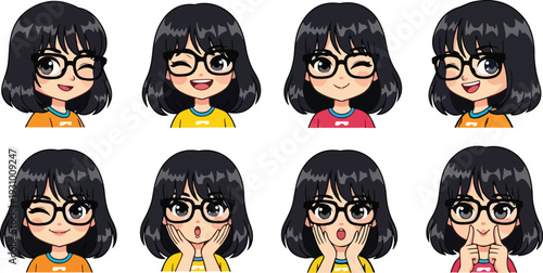 Set of 8 cute cartoon girl character avatars with various expressions vector