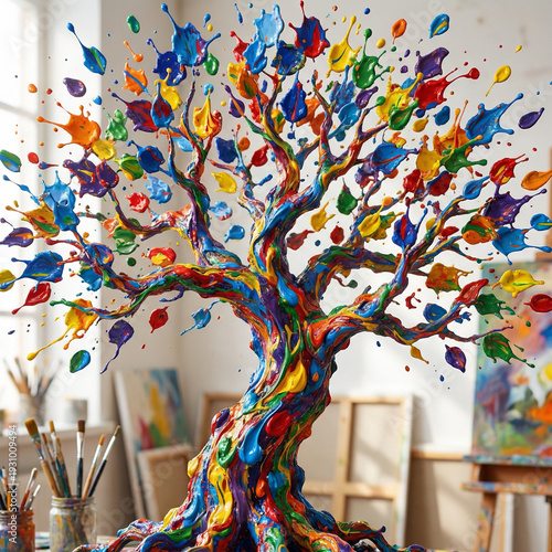 Abstract Creative Concept of Growth: Vibrant Tree Sculpted from Colorful Paint Splashes in Artist Studio
