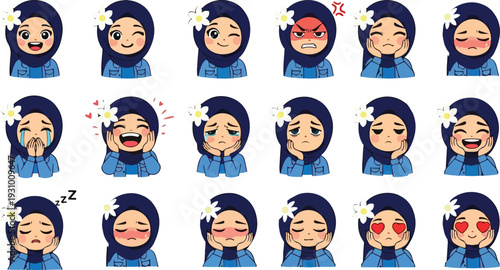 Set of 18 cute Muslim girl wearing hijab cartoon character vector illustrations with various emotions