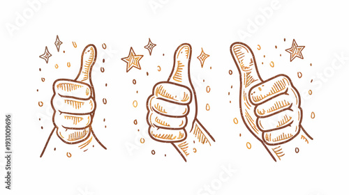 Hand drawn illustration featuring three thumbs-up gestures with stars, dots and a white background
