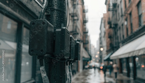 Cluster of small microcell devices aligned on utility poles overhead in a dense urban passage foremost unit sharply captured against a blurred street scene.