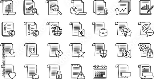 Hand Drawn Document and Business Icons Set. Doodle Style Finance, Office, Analysis, Security, and Communication Vector Symbols.