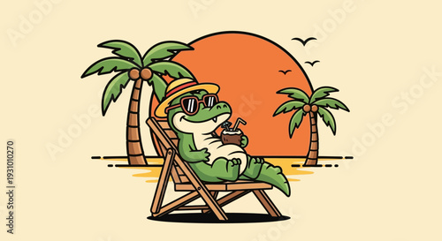Cartoon Alligator Relaxing on Beach Chair.