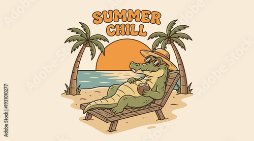 Cartoon Alligator Relaxing on Beach Chair 1.