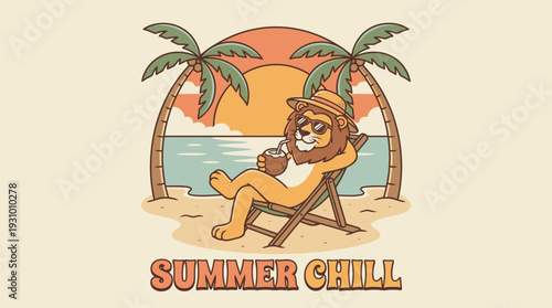 Cartoon Bear Relaxing on Beach Chair.