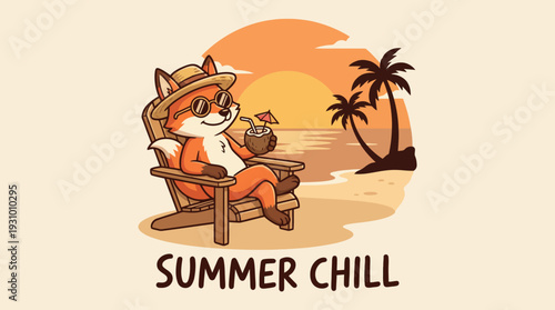 Cartoon Fox Relaxing on Beach Chair.