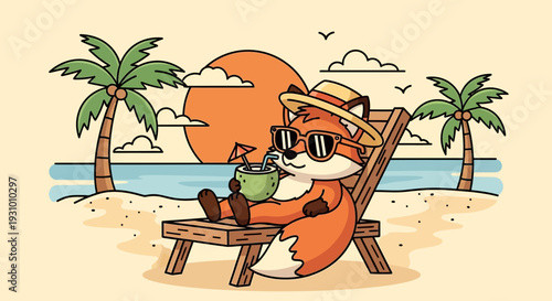 Cartoon Fox Relaxing on Beach Chair 1.