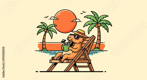 Quokka Relaxing on Beach Chair with Drink.