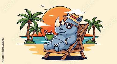 Relaxed Rhinoceros Sitting on Beach Chair.