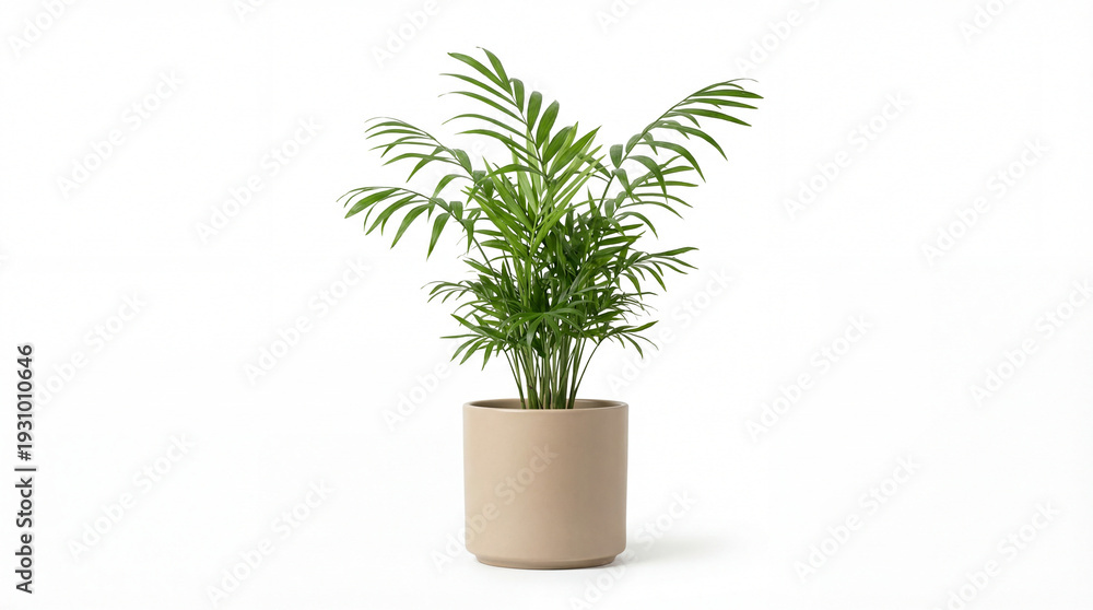 Obraz premium Indoor Palm Oasis: A vibrant, healthy palm tree flourishes in a stylish pot. Evoking a sense of tranquility, this image captures the essence of indoor greenery and home decor.