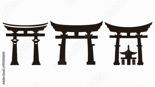 Three minimalist black silhouettes of traditional Japanese torii gates against a white backdrop