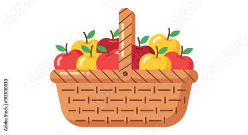 A colorful illustration depicts a wicker basket brimming with red and yellow apples creating a still life silhouette high quality professional