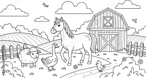 Farm scene with horse and animals by a barn