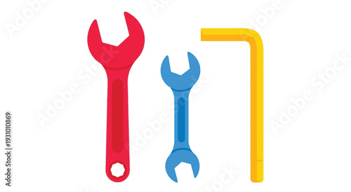 Three colorful tools a red wrench a blue wrench and a yellow allen key